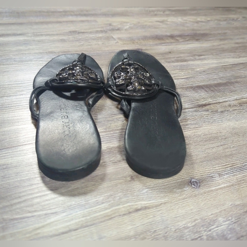 Tory Burch Designer Jeweled Miller Napa Black Leather Sandal Flip Flop Thong 9.5 - Picture 9 of 12